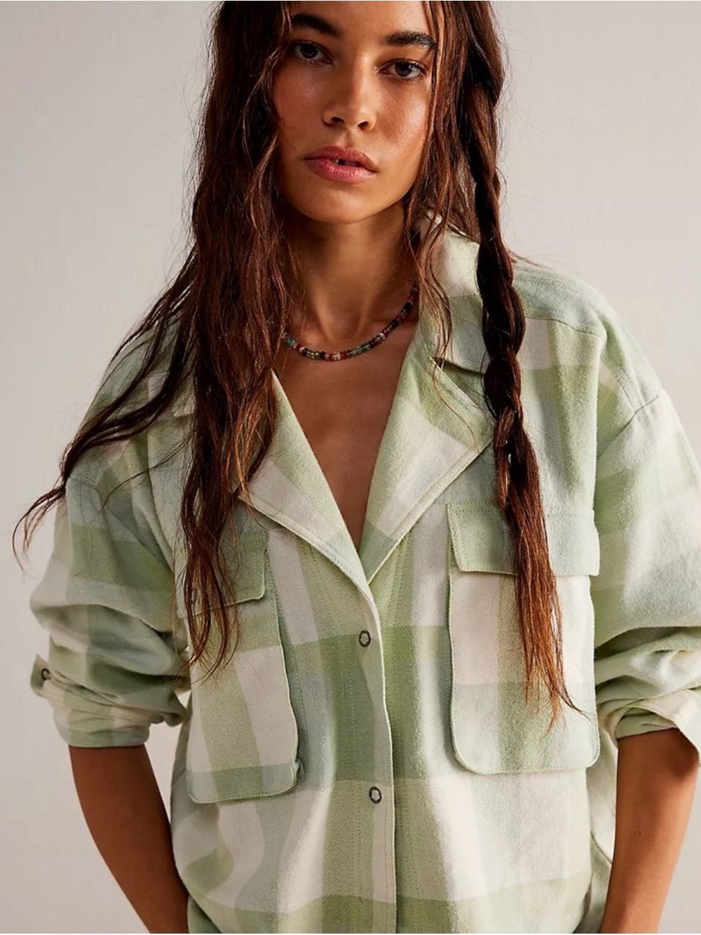 0256We The Free Light Green Plaid Button-Down Shirt Jacket